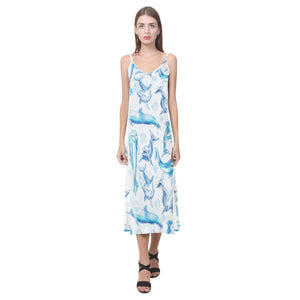 Watercolor dolphin pattern V-Neck Open Fork Long Dress