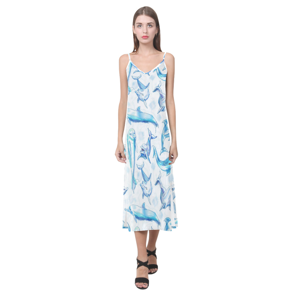 Watercolor dolphin pattern V-Neck Open Fork Long Dress