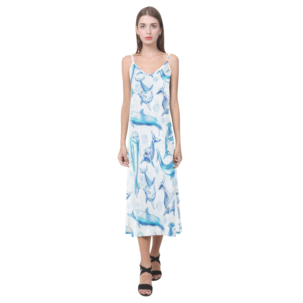 Watercolor dolphin pattern V-Neck Open Fork Long Dress