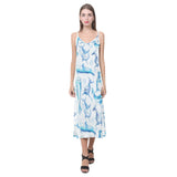 Watercolor dolphin pattern V-Neck Open Fork Long Dress