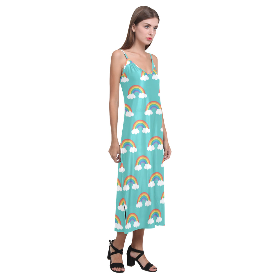 Rainbow pattern green background V-Neck Open Fork Long Dress