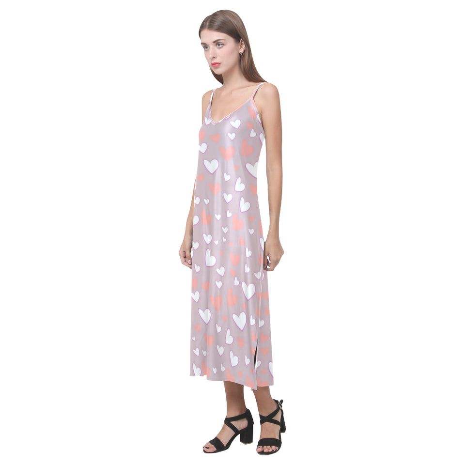 coral white heart pattern V-Neck Open Fork Long Dress