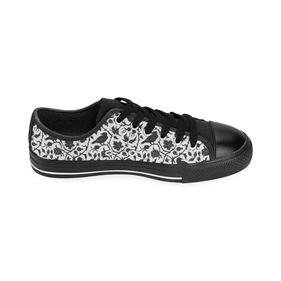 Crow dark floral pattern Men's Low Top Canvas Shoes Black