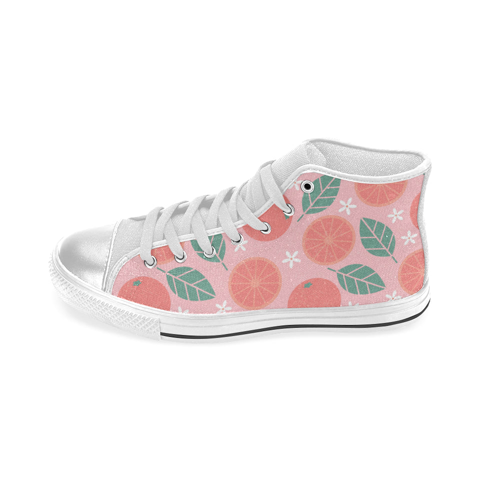 Grapefruit leaves flower pink background Women's High Top Canvas Shoes White
