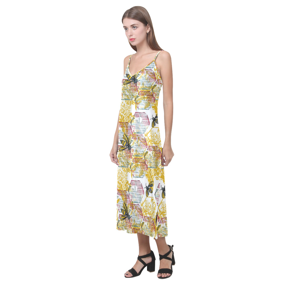 Cool Bee honeycomb leaves pattern V-Neck Open Fork Long Dress