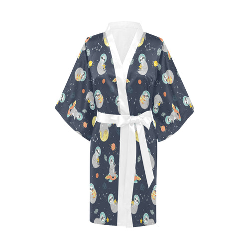 Cute sloth astronaut star planet rocket pattern Women's Short Kimono Robe