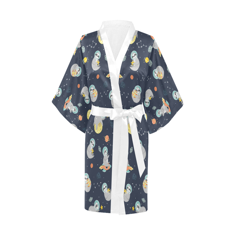 Cute sloth astronaut star planet rocket pattern Women's Short Kimono Robe