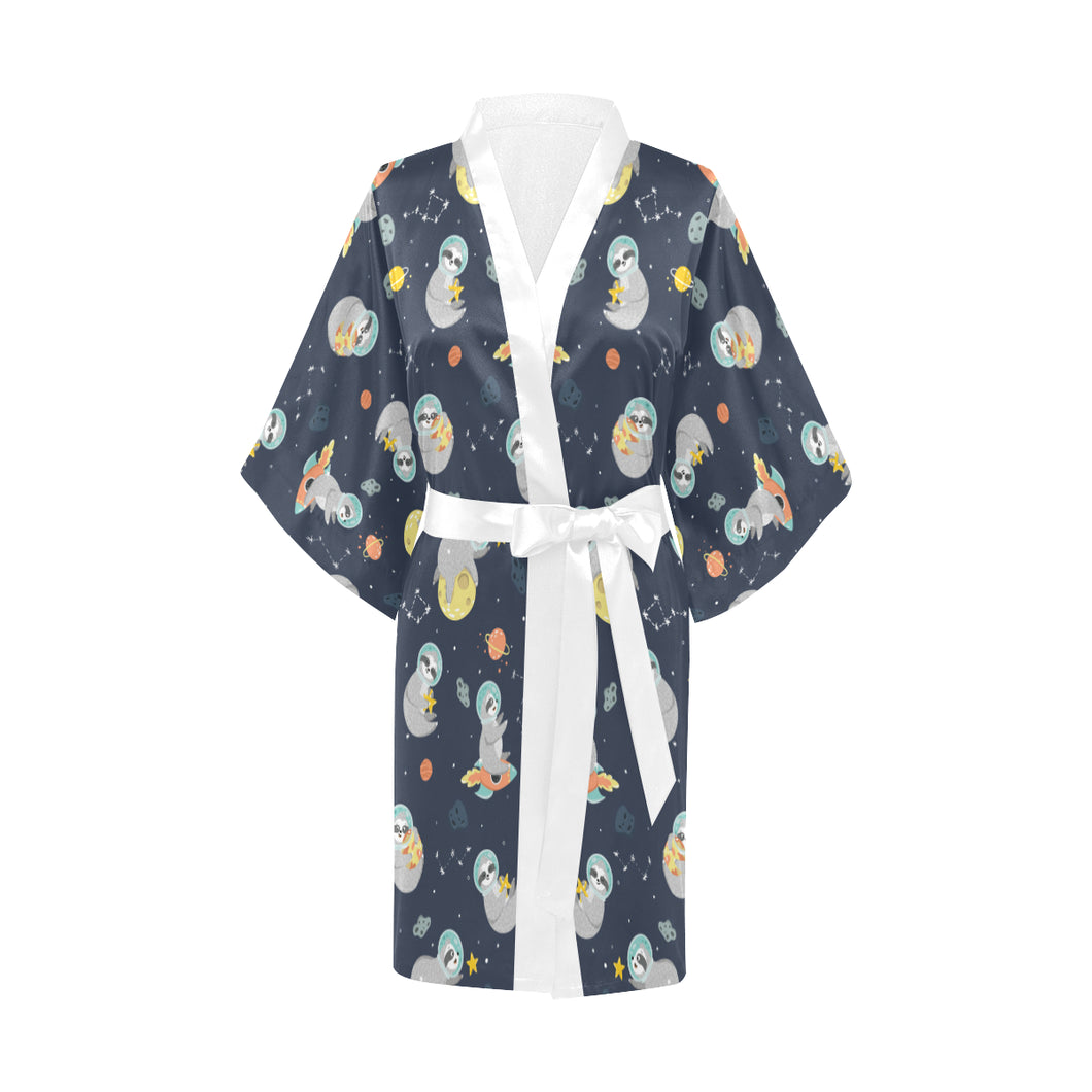 Cute sloth astronaut star planet rocket pattern Women's Short Kimono Robe