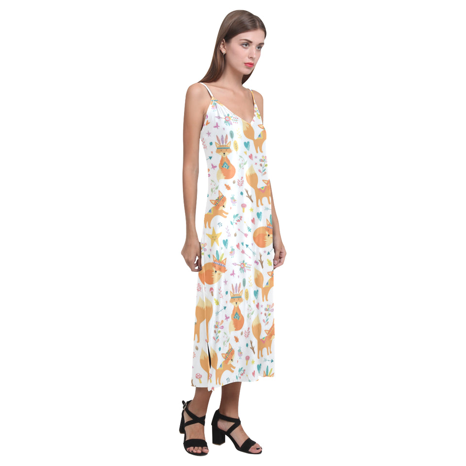 cute tribal fox pattern V-Neck Open Fork Long Dress