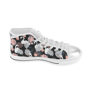 white swan blooming flower pattern Women's High Top Canvas Shoes White