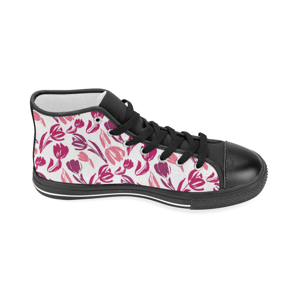 pink sketch tulip pattern Women's High Top Canvas Shoes Black