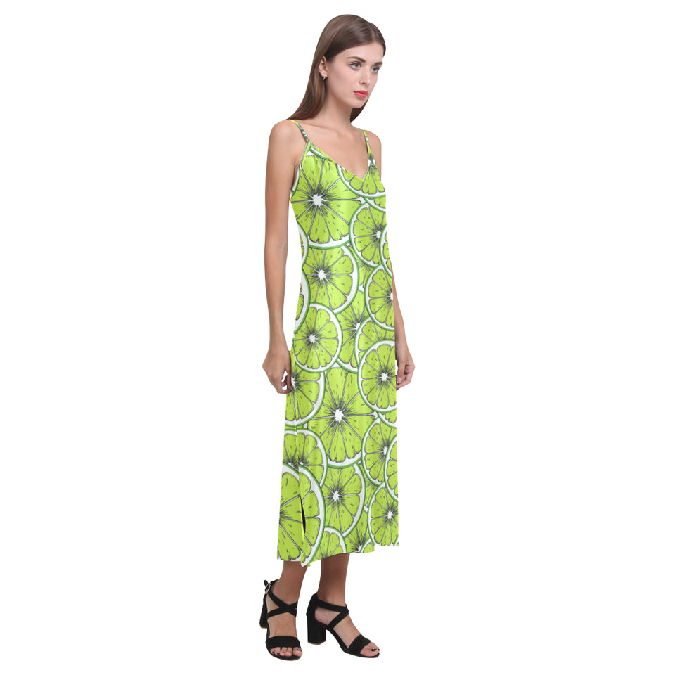 Slices of Lime design pattern V-Neck Open Fork Long Dress
