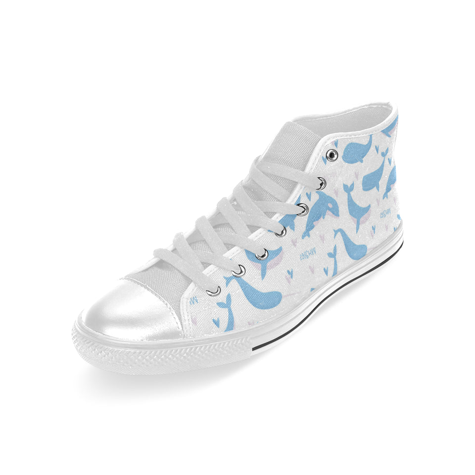 Blue whale pattern Men's High Top Canvas Shoes White