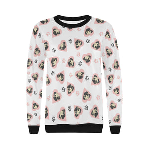 Cute pugs pink heart paw pattern Women's Crew Neck Sweatshirt