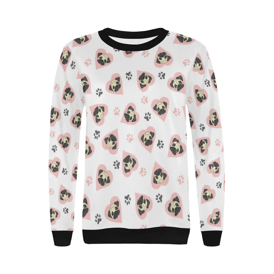 Cute pugs pink heart paw pattern Women's Crew Neck Sweatshirt