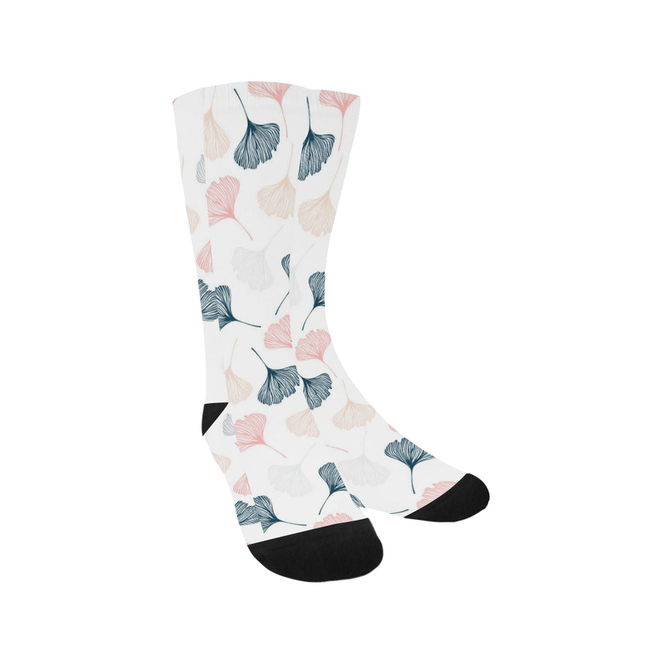 Black Gray Cream coral ginkgo leaves pattern Crew Socks