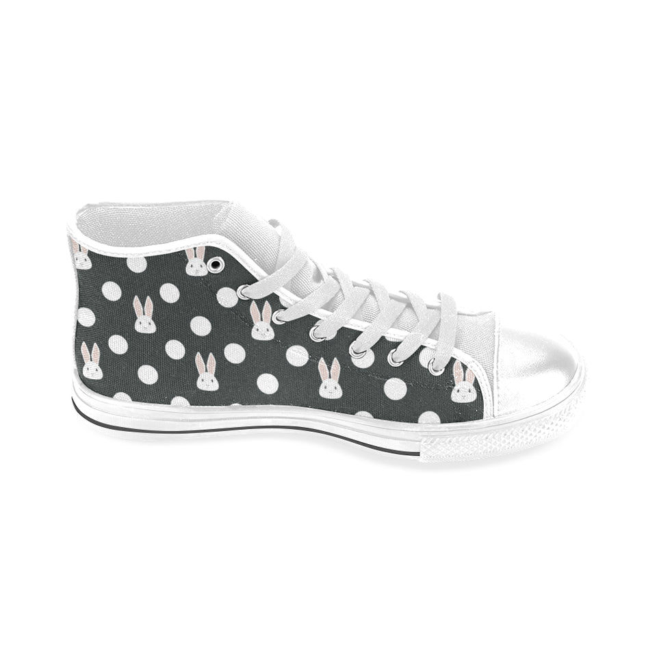 Cute white rabbit polka dots black background Men's High Top Canvas Shoes White