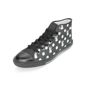 Cute white rabbit polka dots black background Women's High Top Canvas Shoes Black