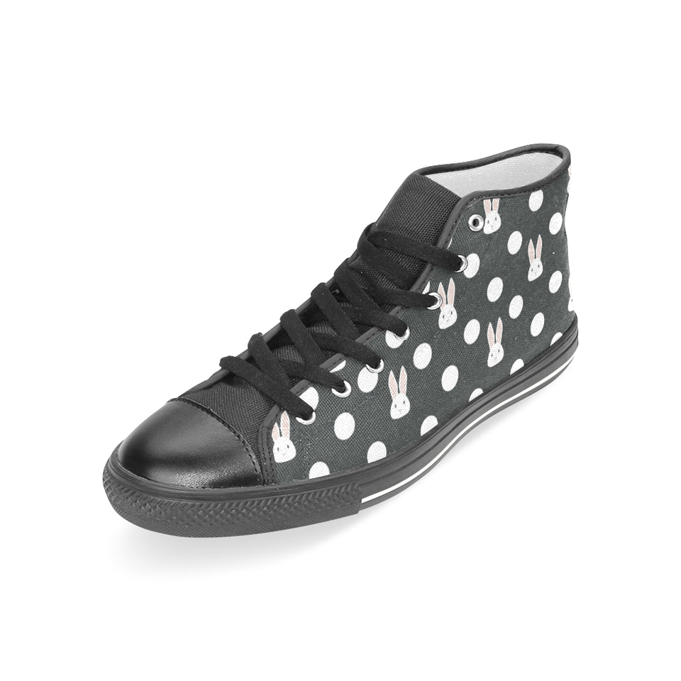 Cute white rabbit polka dots black background Women's High Top Canvas Shoes Black