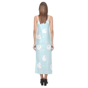 White cute hamsters heart pattern V-Neck Open Fork Long Dress