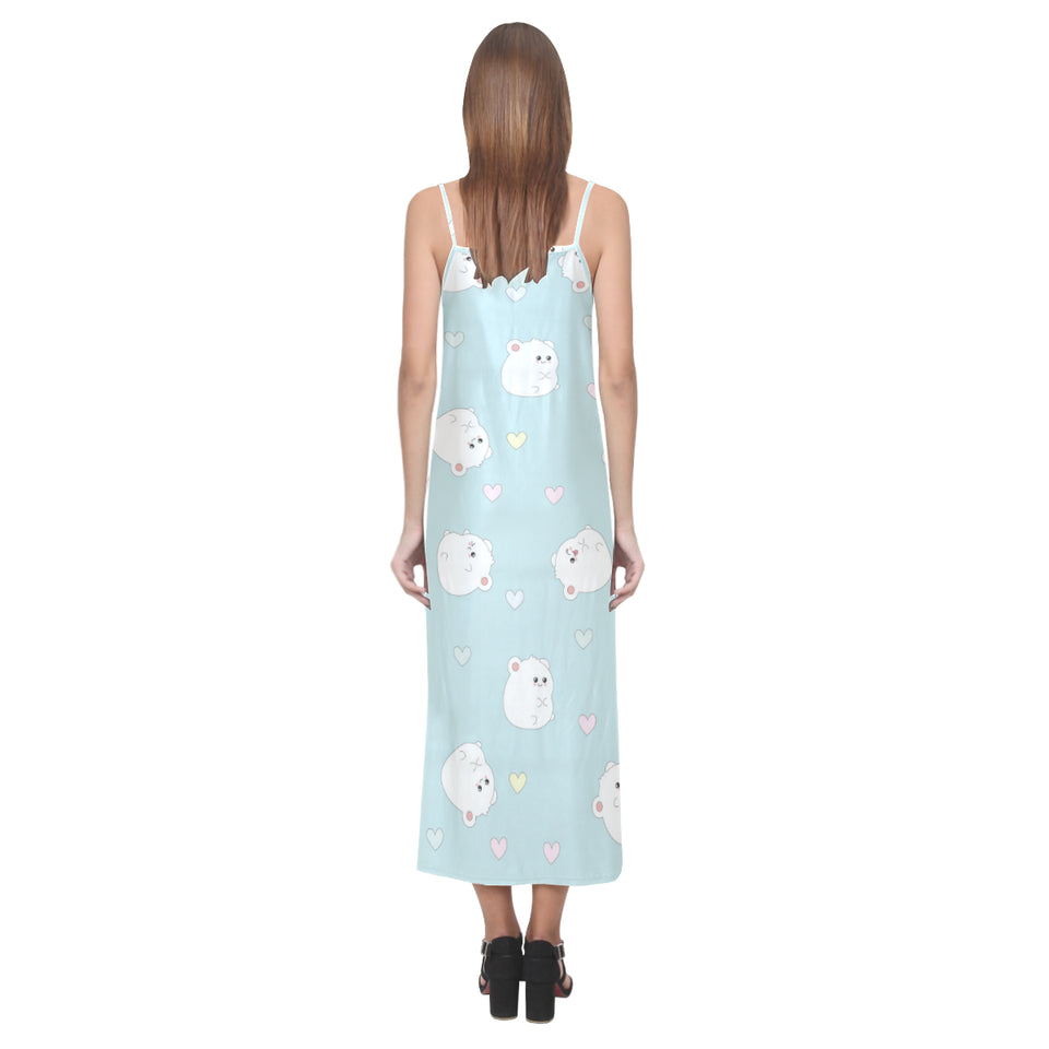 White cute hamsters heart pattern V-Neck Open Fork Long Dress
