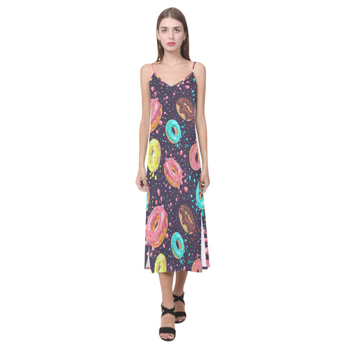 Colorful donut glaze pattern V-Neck Open Fork Long Dress