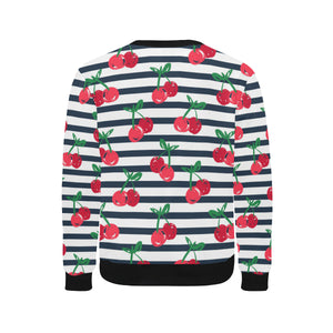 Hand drawn cherry pattern striped background Men's Crew Neck Sweatshirt