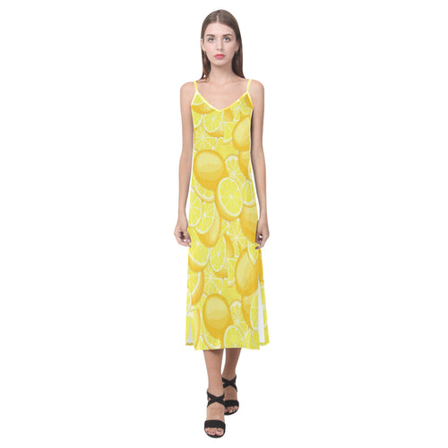 lemon pattern V-Neck Open Fork Long Dress