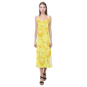 lemon pattern V-Neck Open Fork Long Dress