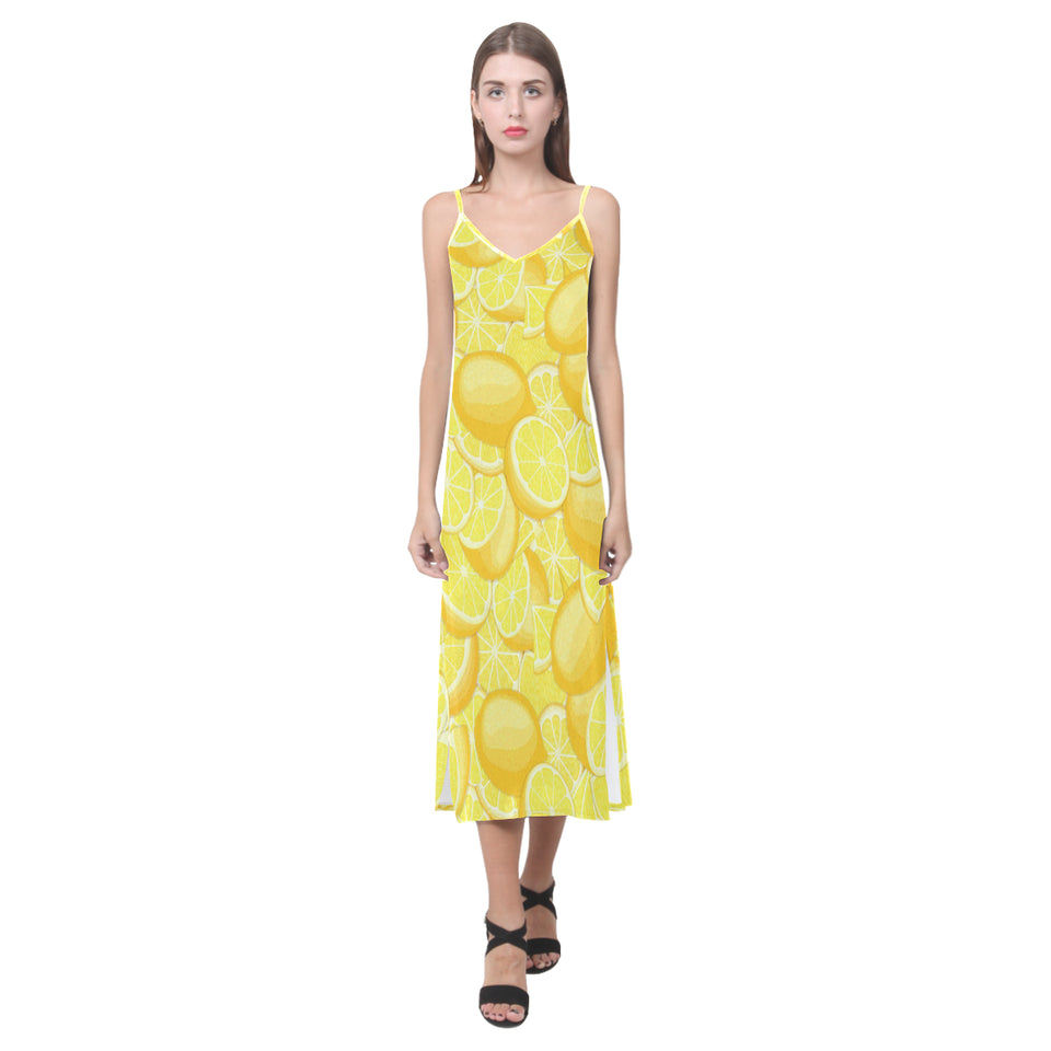 lemon pattern V-Neck Open Fork Long Dress