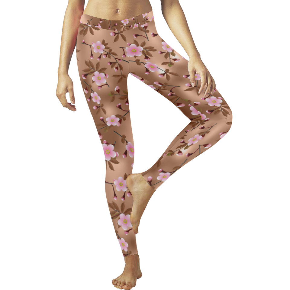 Pink sakura cherry blossom drak brown background Women's Legging Fulfilled In US