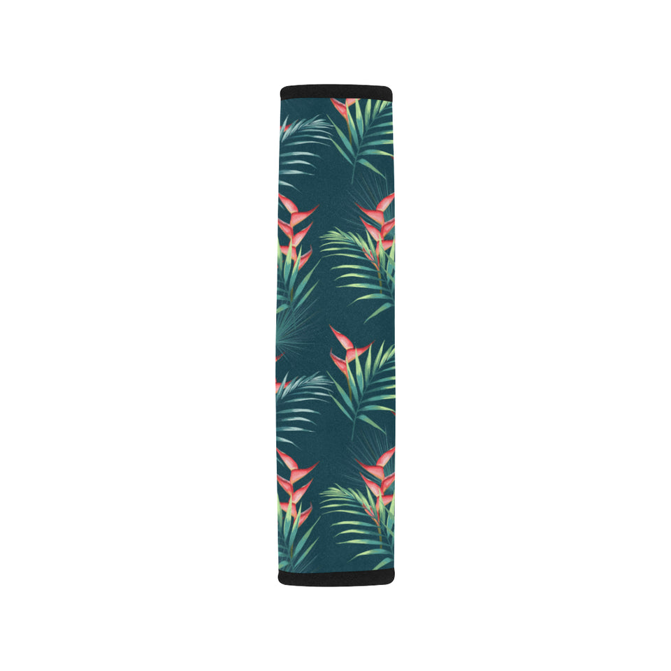 heliconia flowers, palm and monstera leaves on bla Car Seat Belt Cover