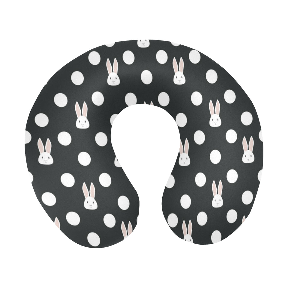 Cute white rabbit polka dots black background U-Shaped Travel Neck Pillow