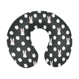 Cute white rabbit polka dots black background U-Shaped Travel Neck Pillow