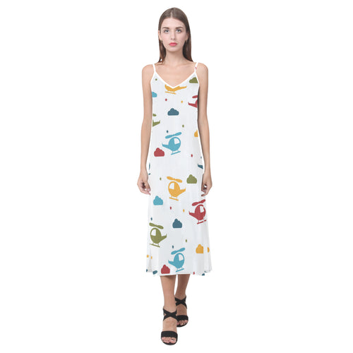 Colorful helicopter pattern V-Neck Open Fork Long Dress