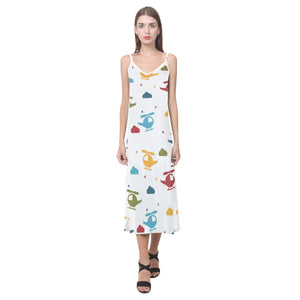 Colorful helicopter pattern V-Neck Open Fork Long Dress