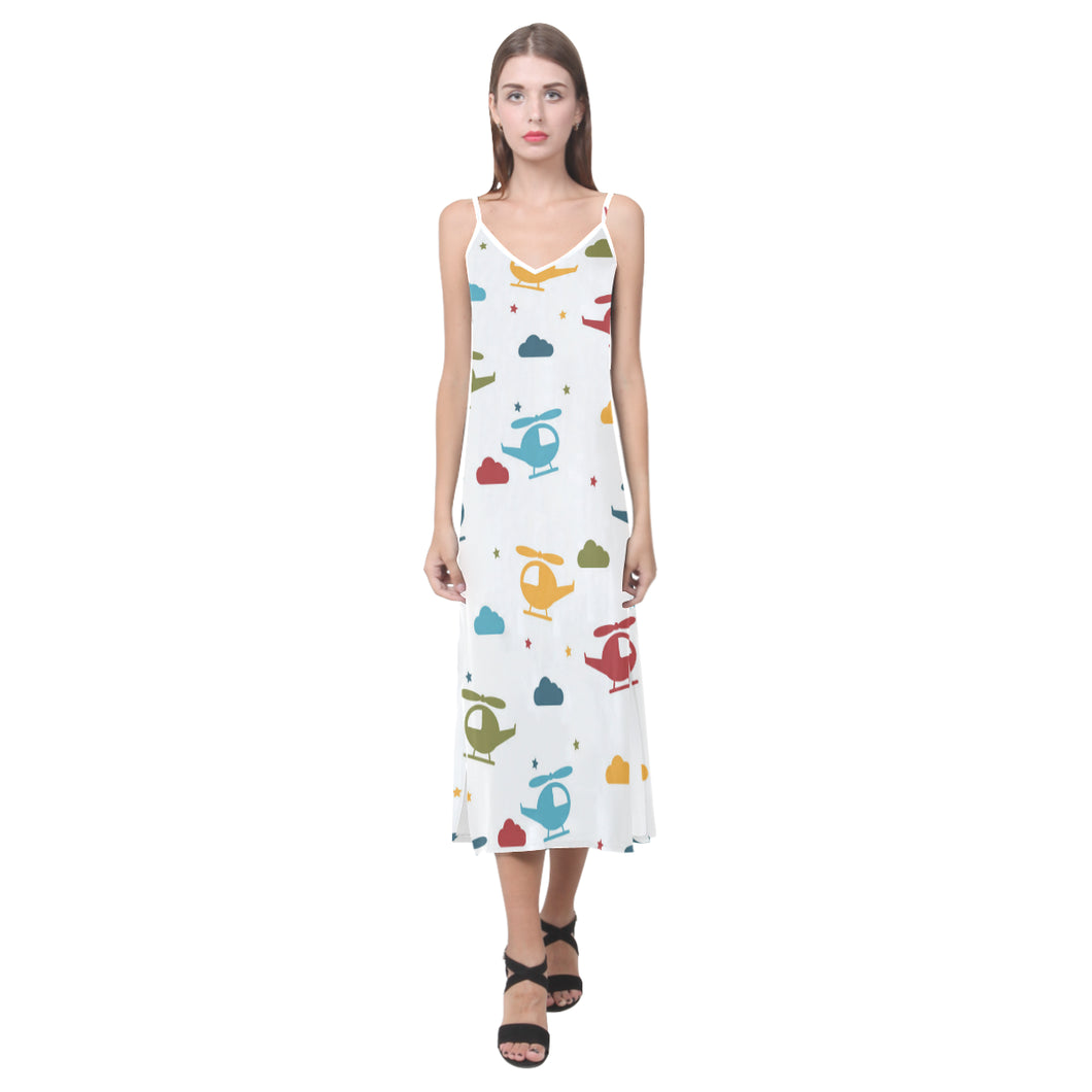 Colorful helicopter pattern V-Neck Open Fork Long Dress