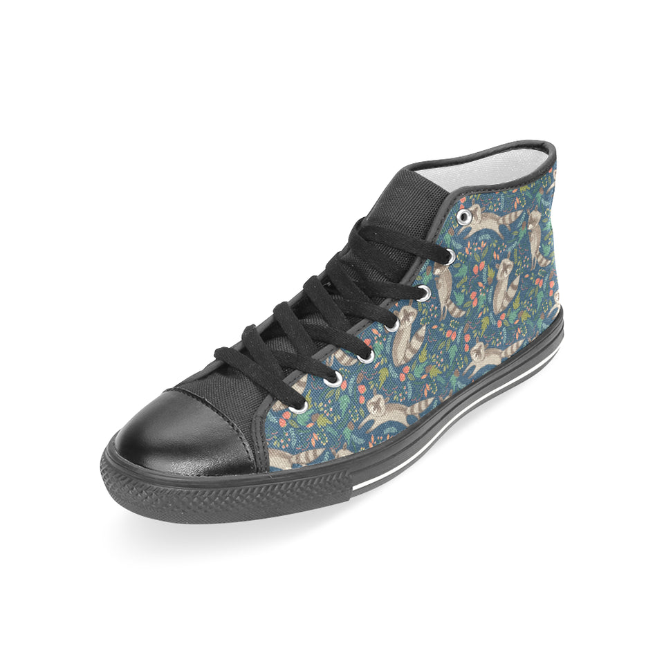 Raccoon tropical leaves pattern Women's High Top Canvas Shoes Black