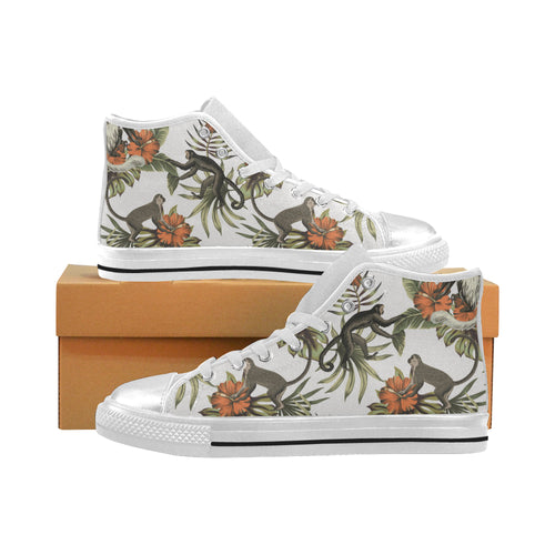 Monkey red hibiscus flower palm leaves floral patt Women's High Top Canvas Shoes White