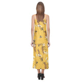Bee flower pattern V-Neck Open Fork Long Dress