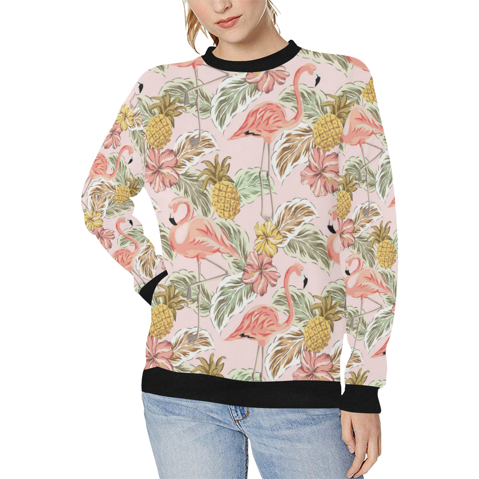 Pink flamingo birds pineapples hibiscus flower pat Women's Crew Neck Sweatshirt