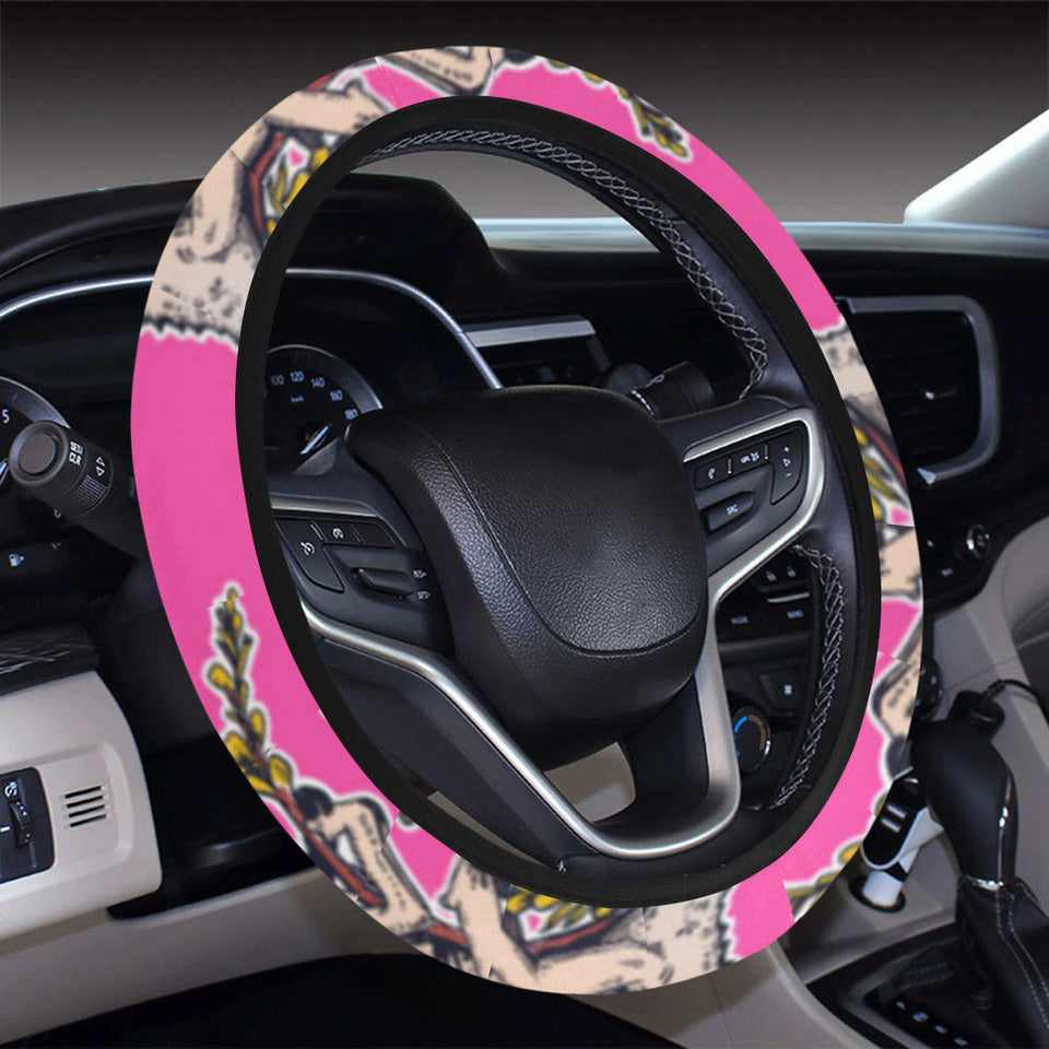 Chameleon lizard pattern pink background Car Steering Wheel Cover