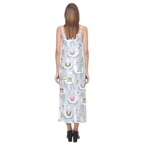 Cute Llama Alpaca pattern V-Neck Open Fork Long Dress