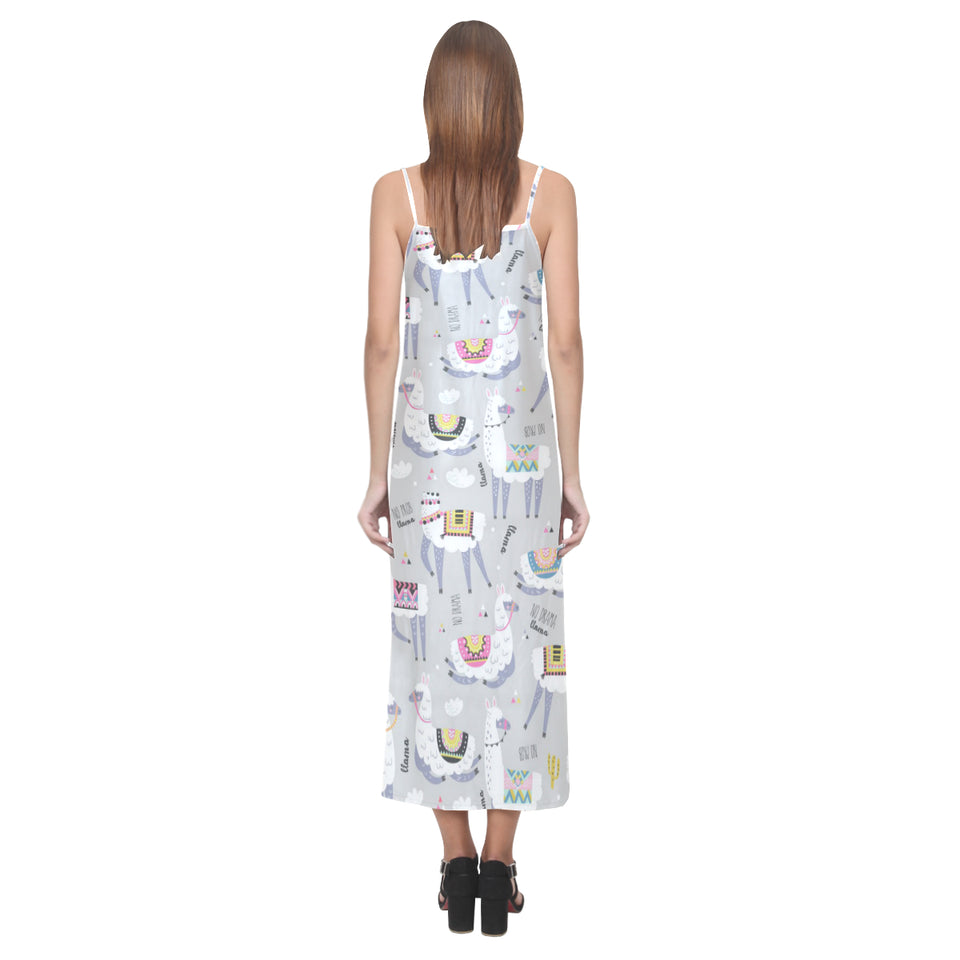 Cute Llama Alpaca pattern V-Neck Open Fork Long Dress