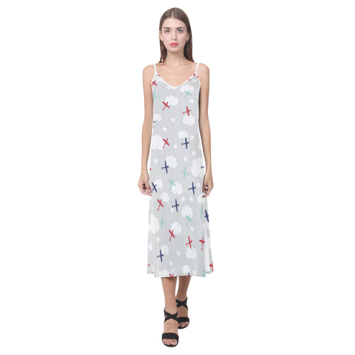 Airplane cloud grey background V-Neck Open Fork Long Dress
