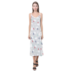 Airplane cloud grey background V-Neck Open Fork Long Dress