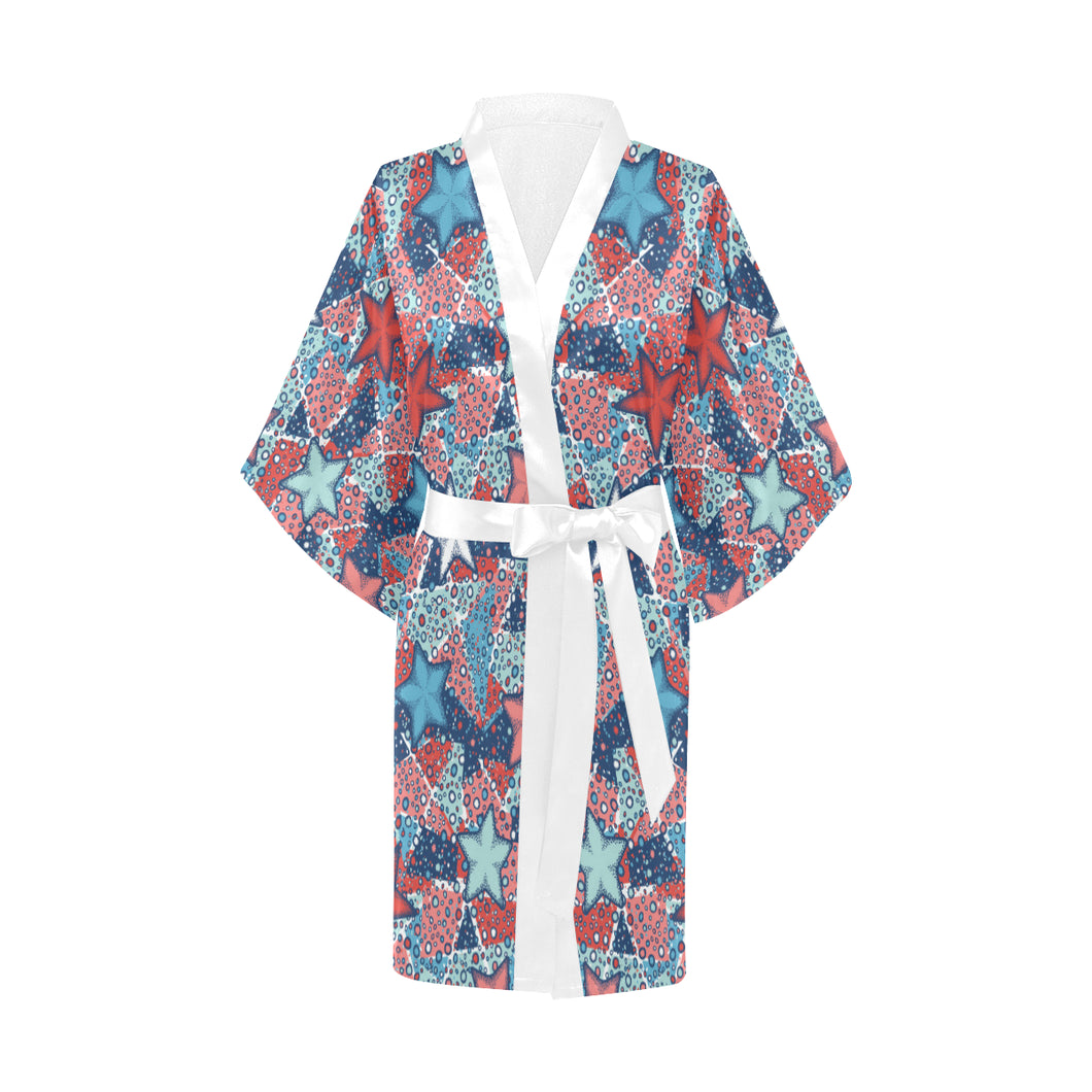 Hand drawn colorful starfish Women's Short Kimono Robe