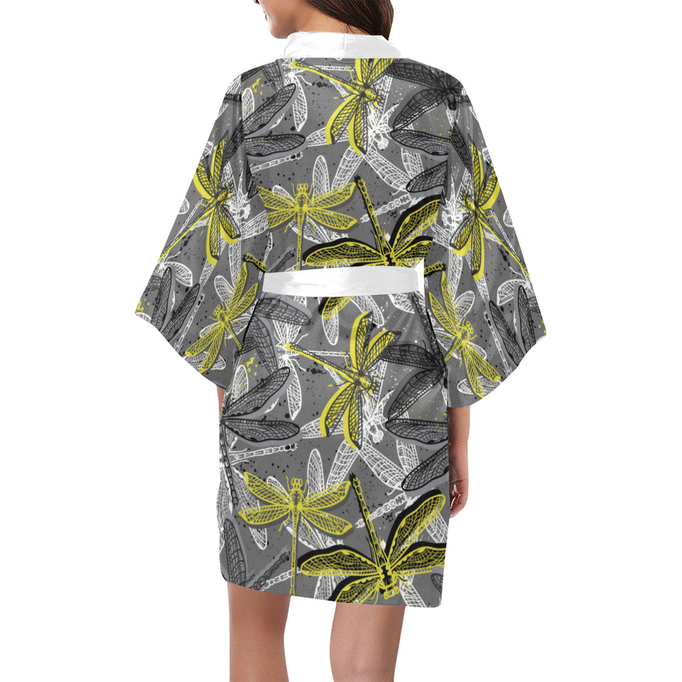 Hand drawn dragonfly pattern Women's Short Kimono Robe