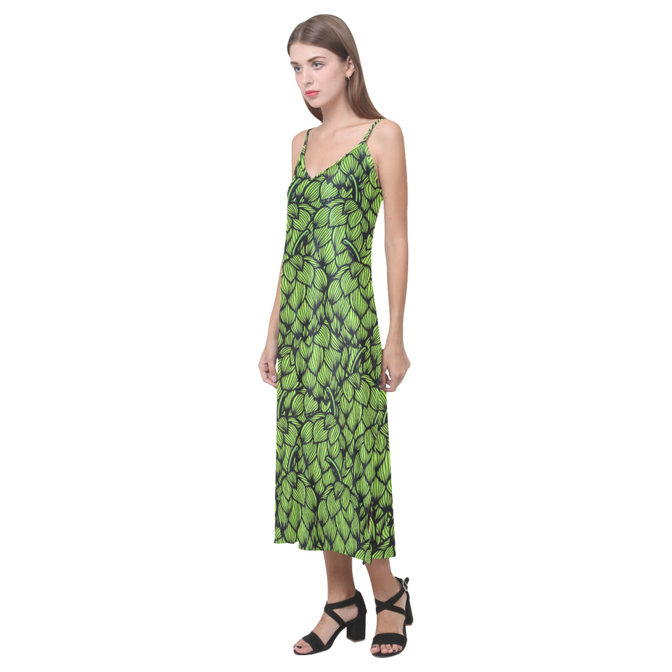 Green hop pattern V-Neck Open Fork Long Dress