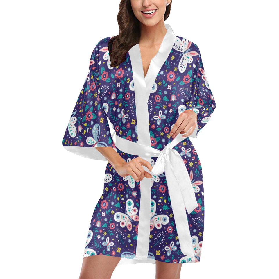 Colorful butterfly flower pattern.eps Women's Short Kimono Robe